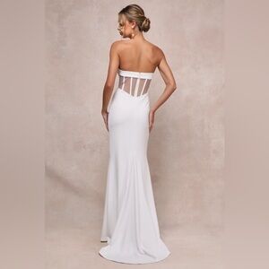 Lulus Iconic Arrival White Mesh Strapless Bustier Mermaid Maxi Dress